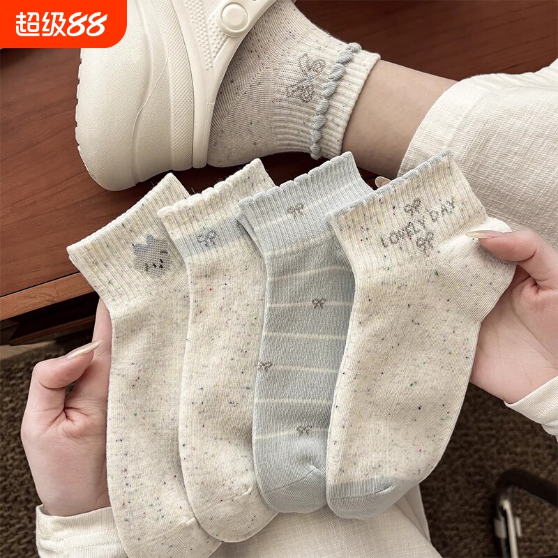 蝴蝶结点子纱袜子女春夏薄款无骨短袜ins潮韩系学院风花边中筒袜