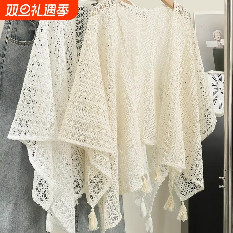 复古民族风披肩搭配旗袍连衣裙新款针织流苏开衫女薄款外搭蕾丝