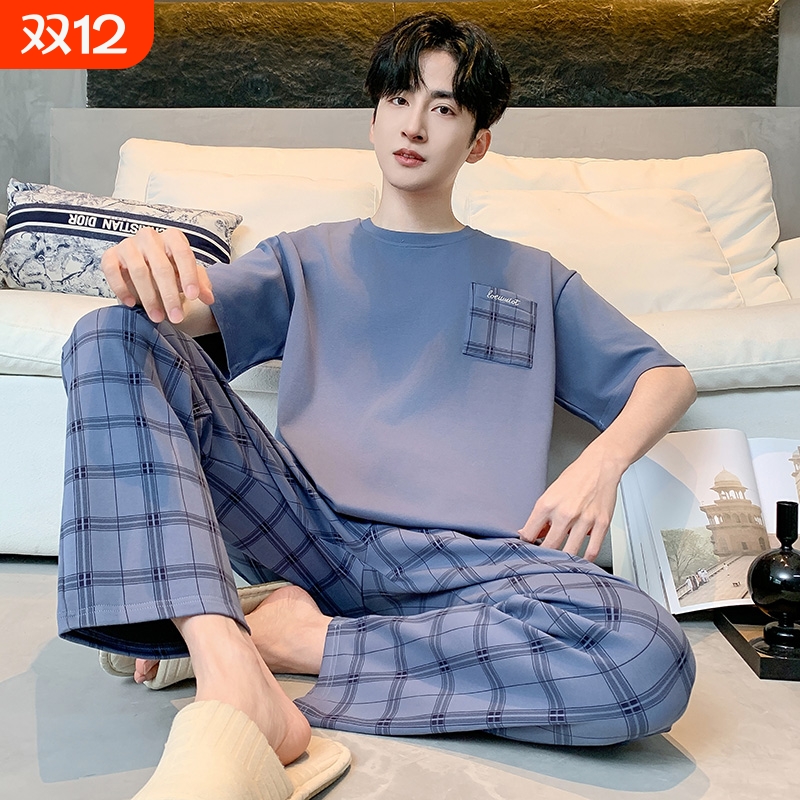 帕兰朵夏季短袖长裤纯棉2025新款睡衣男款夏天大码套装家居服男士