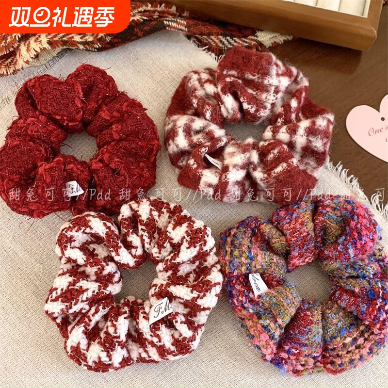 韩系红色系毛线编织大肠圈圣诞新年氛围感后脑勺马尾丸子头发饰女