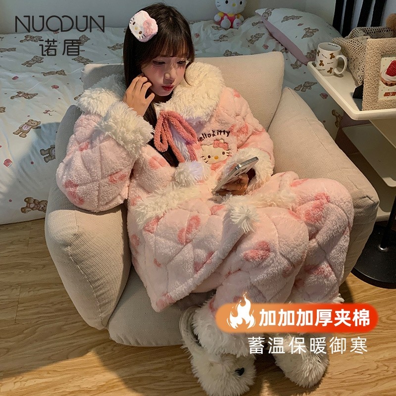 HelloKitty睡衣女款秋冬季珊瑚绒2025新款三层夹棉加厚