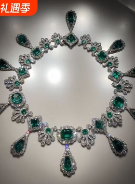 卢浮宫祖母绿色项链法式复古晚宴套装长款高级爆闪水滴重工链锁骨