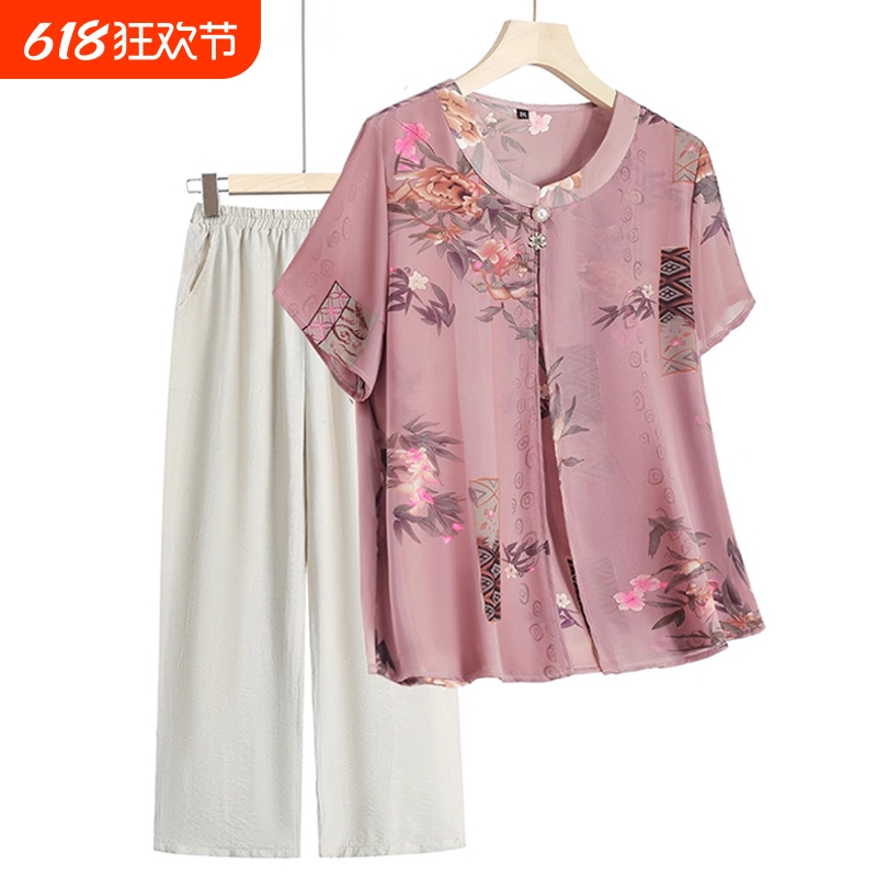 中老年人夏装女妈妈假两件奶奶短袖国风上衣洋气雪纺T恤上衣套装