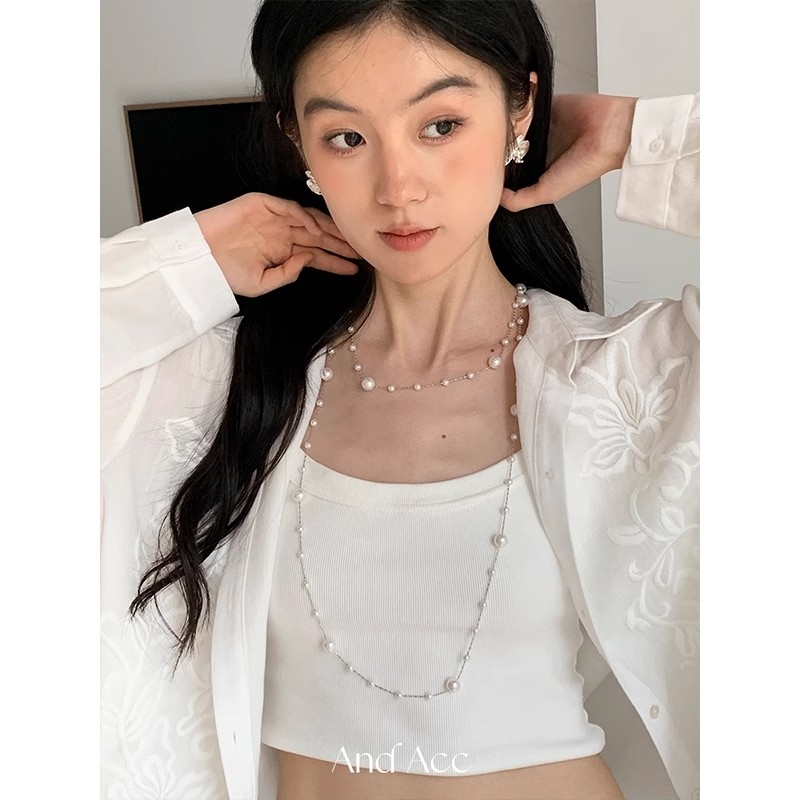 法式灰色白色双色珍珠满天星项链ins风气质叠戴毛衣链锁骨链女