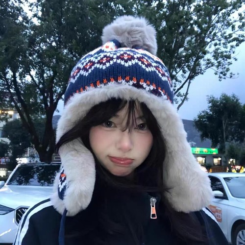 费尔岛风针织帽帽子女冬季保暖巴拉克拉法秋冬冬天毛绒毛线帽护耳