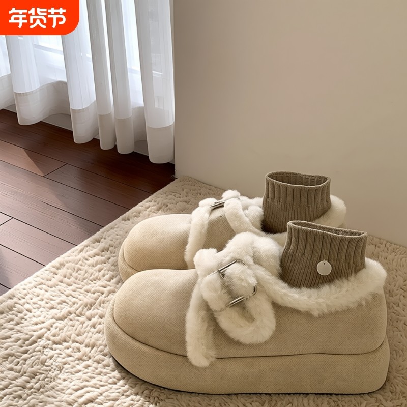 厚底勃肯鞋女加绒毛毛棉鞋2024冬季新款雪地靴保暖乐福鞋黑色毛绒,女鞋,时尚雪地靴,淘宝优惠券,粉丝福利购,淘宝优惠卷