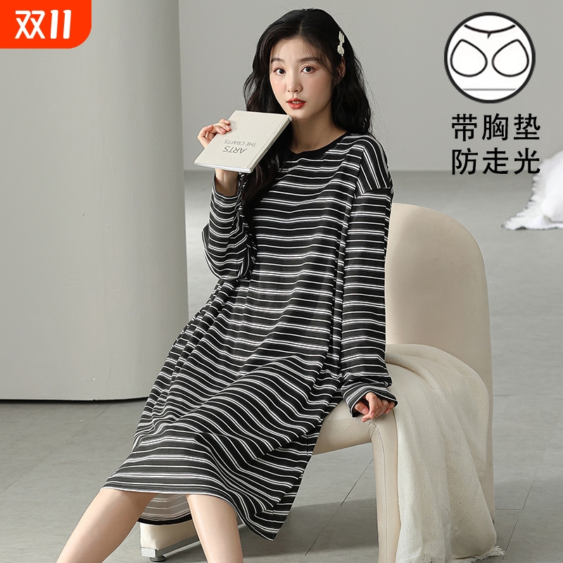 长袖睡裙女睡衣春秋季可外穿薄款纯棉带胸垫防凸点韩式少女家居服