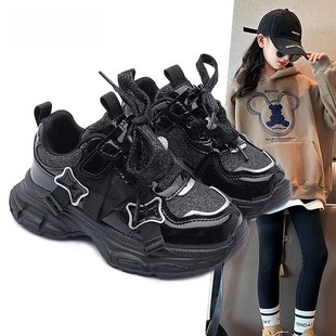 女童鞋运动鞋2026新款冬季儿童老爹鞋加绒鞋子秋冬女跑鞋银色黑色