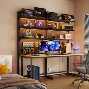 洞洞板书架置物架免打孔电脑桌面改造落地电竞房间装饰金属收纳架