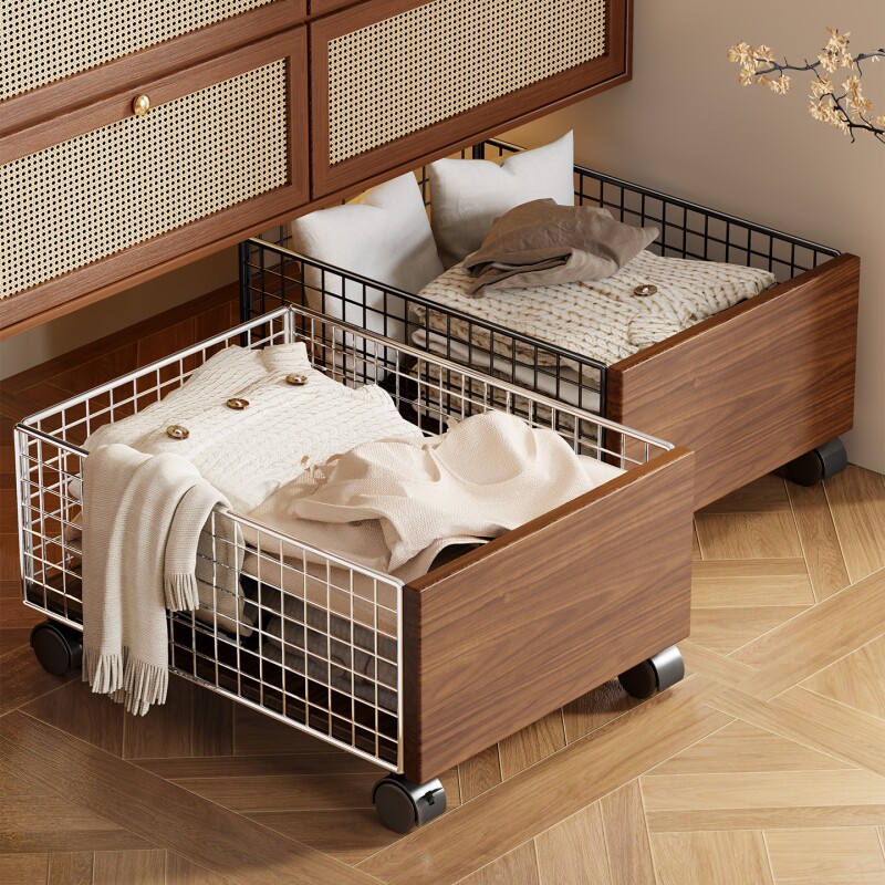 浴室柜下脏衣篓家用脏衣服中古风卫生间洗衣篮收纳筐子推车移动