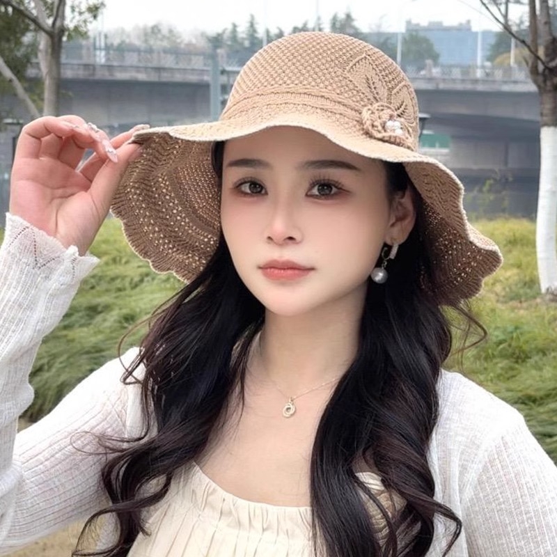2025新款波浪帽子女遮阳帽防紫外线夏季沙滩帽草帽渔夫帽防晒帽女