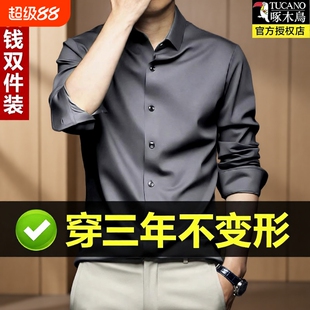 啄木鸟桑蚕丝衬衫男长袖免烫商务休闲真丝高端高级感秋季黑色红色