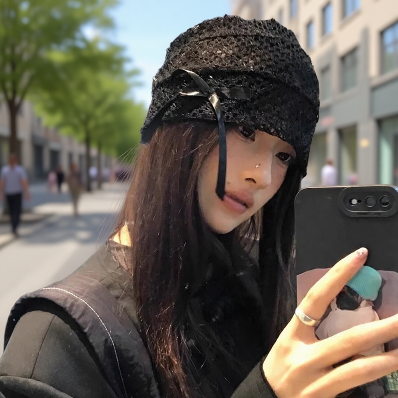 蕾丝镂空蝴蝶结冷帽女黑色韩版弹力堆堆帽设计感小众百搭包头帽子