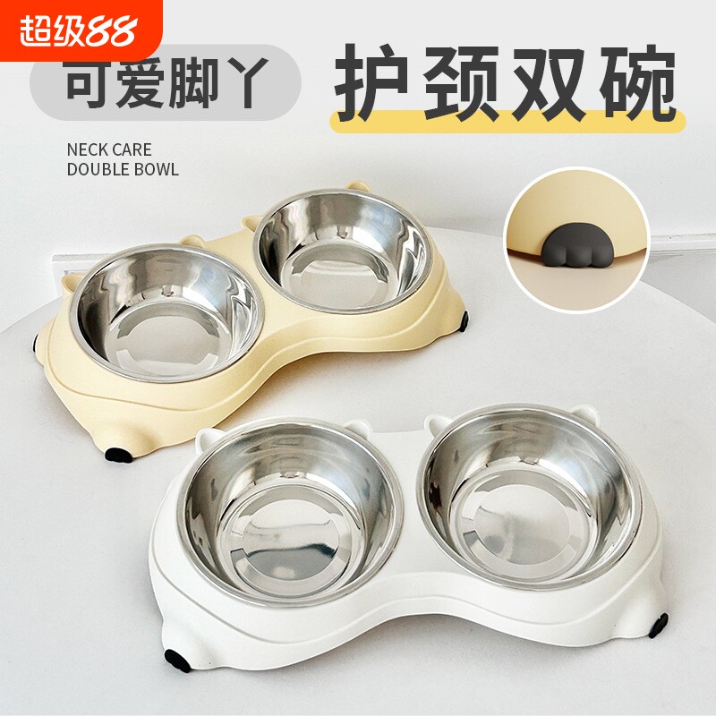 猫咪宠物碗防打翻护颈斜口双碗喂食饮水二合一猫咪碗不锈钢碗