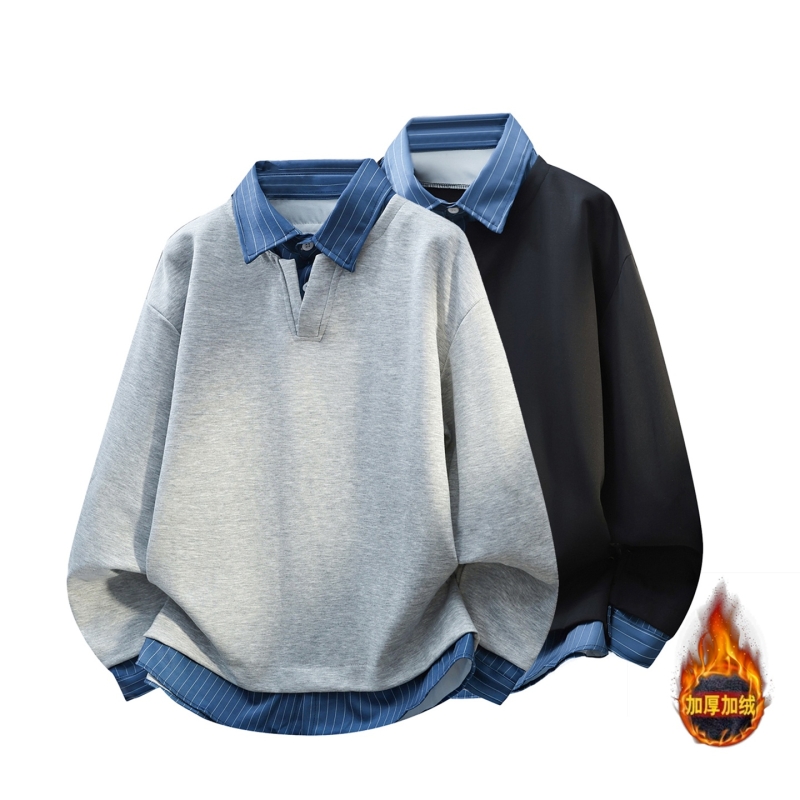 复古潮牌假两件条纹拼接长袖运动男女高级感宽松情侣上衣加绒