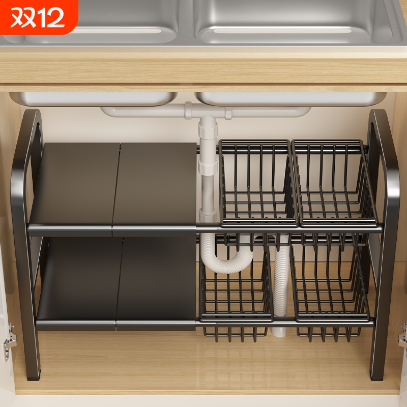 厨房置物架台面下水槽可伸缩多层锅具收纳架橱柜内分层挂篮储物架