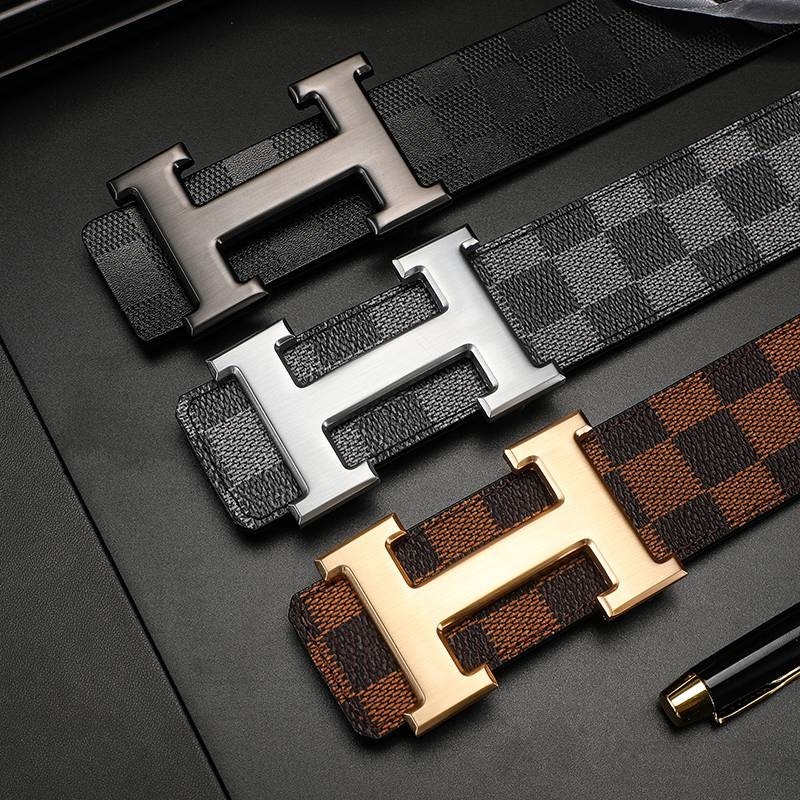 爱马男仕轻奢皮带男士真皮商务青年格纹平滑扣中年腰带工字扣H字