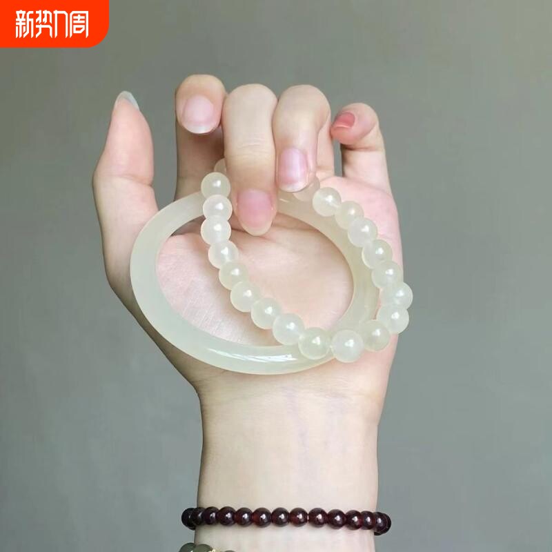 青白玉手镯手链女玉镯冰透古风唯美温柔气质款晴水色手镯手链礼物