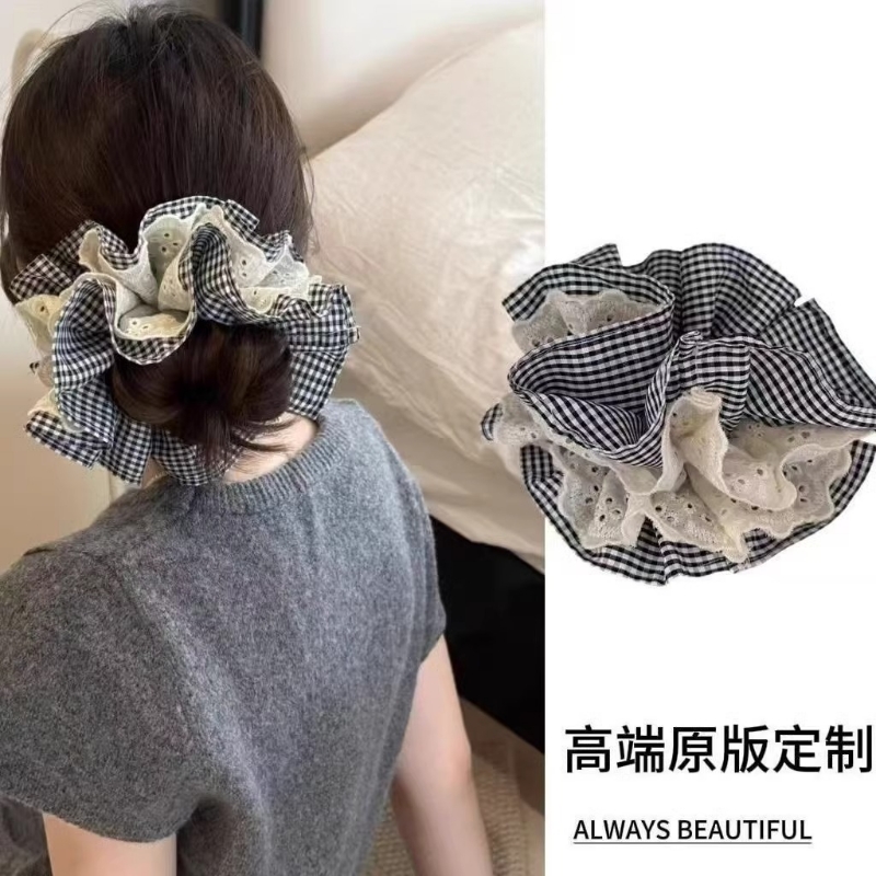 韩系格子蕾丝大肠发圈女ins风头花发绳超大发饰高级感头饰新款