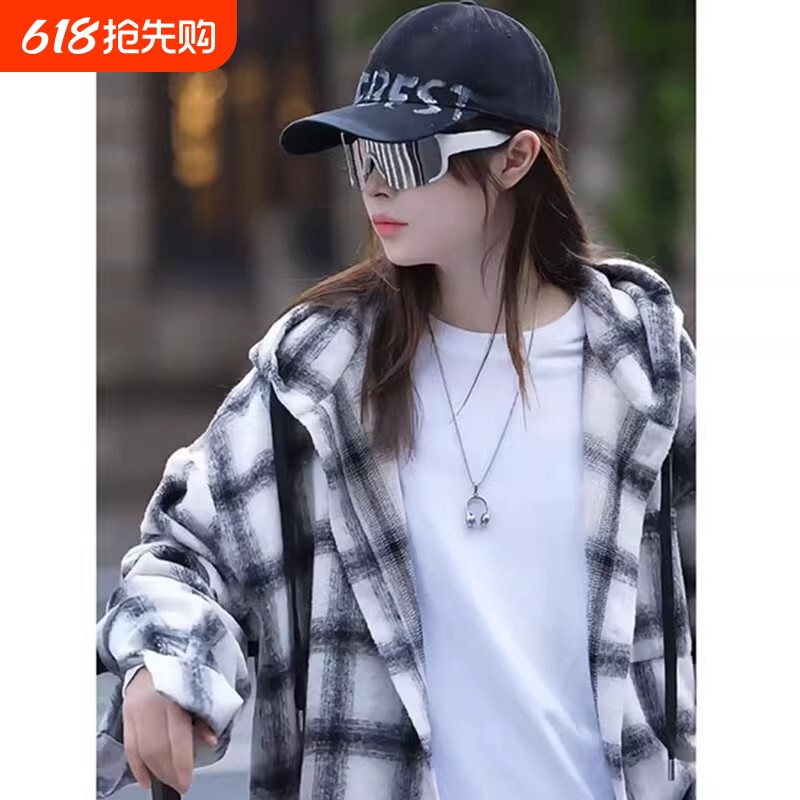 连帽格纹卫衣男款秋冬季中性风穿搭潮牌衬衫外套宽松抽绳开衫上衣