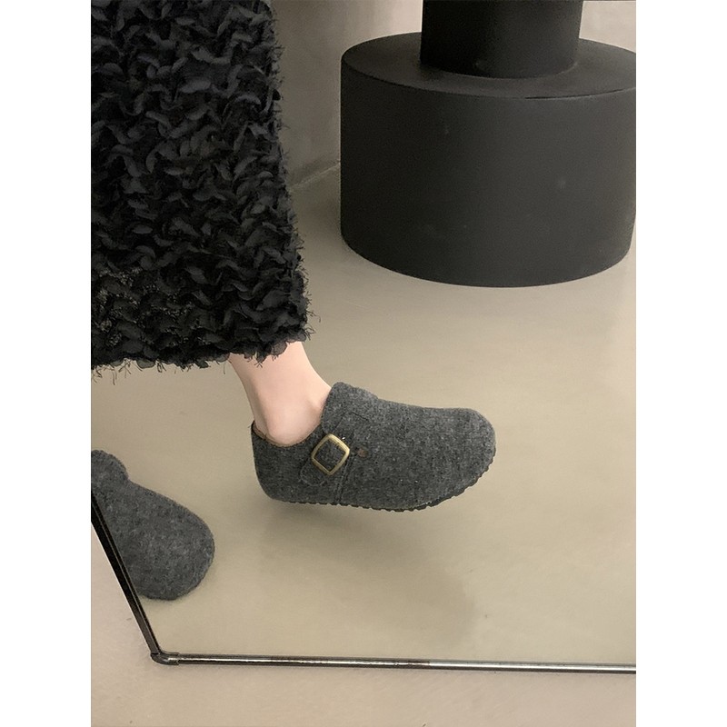 厚底灰色毛呢全包勃肯鞋女2025新款秋冬一脚蹬加绒豆豆鞋博肯棉鞋