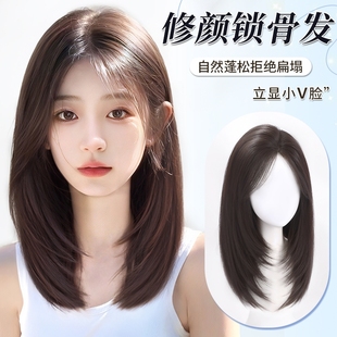 戴发网假发女颅顶量无痕全头套式 锁骨发发丝真发隐形斜刘海长直