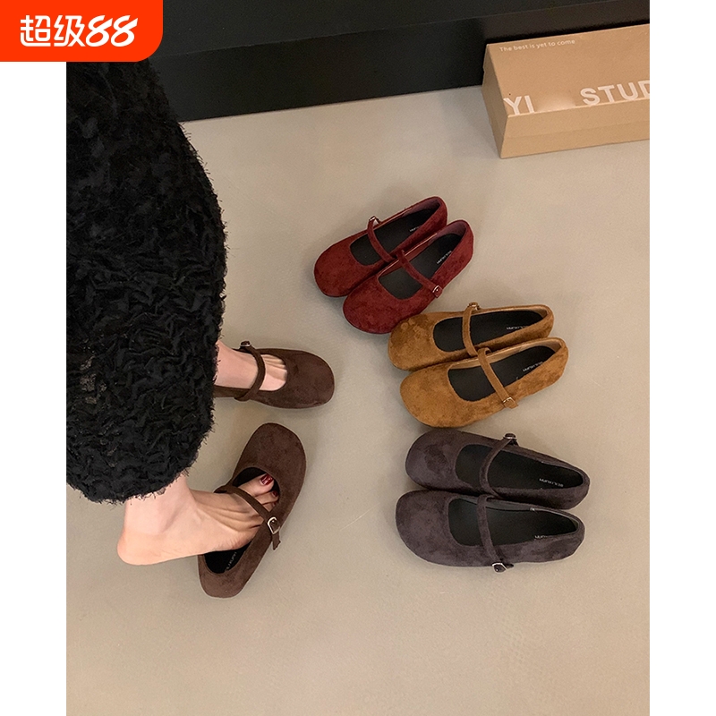 复古晚晚风绒面玛丽珍鞋子女2025秋季新款芭蕾舞浅口软底平底单鞋