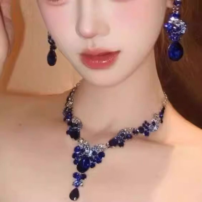 轻奢蓝色项链耳环套装水滴小众高级晚礼服夸张配饰颈链耳饰锁骨