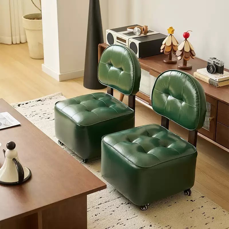家用靠背小椅子实木凳子可移动沙发凳客厅换鞋凳万向轮凳简约矮凳