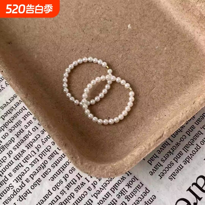 925纯银珍珠戒指施家叠戴素圈指环小众轻奢精致女串珠时尚食指戒