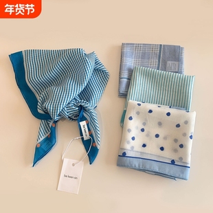 蓝色包头巾女春夏新款高级感发带透气小方巾头巾三角巾潮波点格子