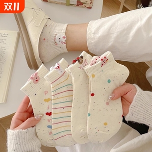 卡通袜子女短袜春夏季 纯棉透气ins潮中筒可爱点子纱小兔浅口短筒