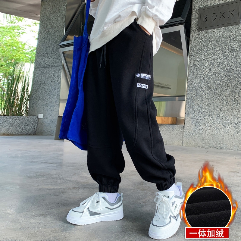 儿童装男童春秋款裤子中大童冬季加绒卫裤潮男孩运动棉裤外穿黑色