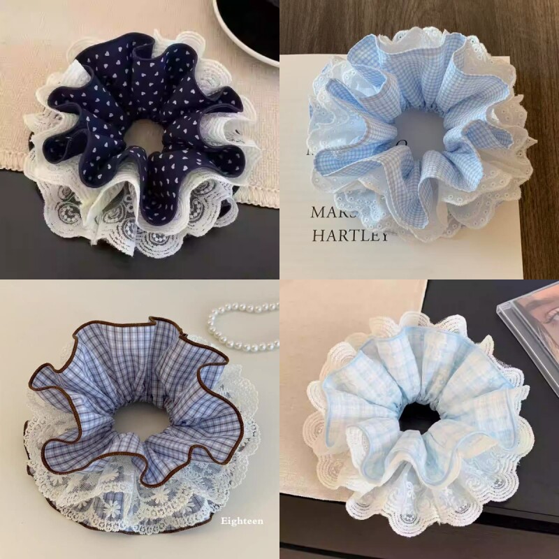 韩系蓝色格子蕾丝大肠发圈女高级感丸子头慵懒风超大发饰头绳花朵