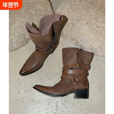 Mooreyu棕色尖头短靴女真皮刺绣西部牛仔靴做旧废土风中筒靴原创