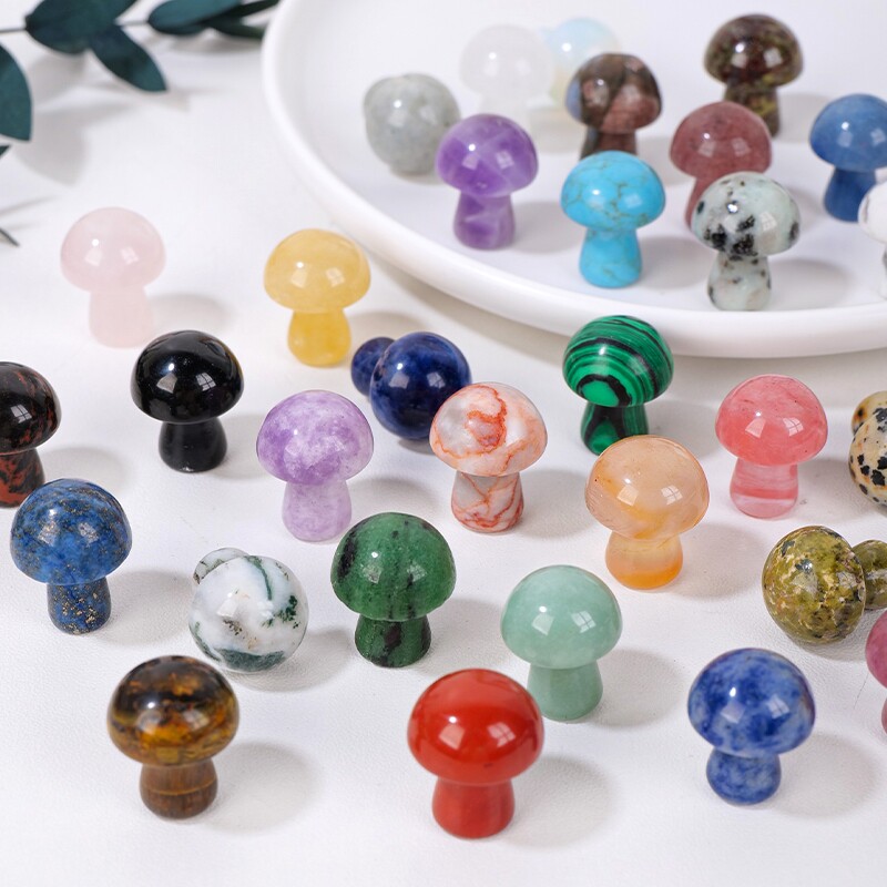 天然水晶小蘑菇雕刻件玉石玛瑙装饰工艺品蛋白石青金石矿石黑曜石