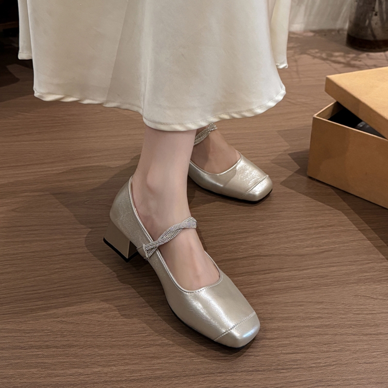 法式银色中粗跟小皮鞋女2025夏秋新款方头高跟鞋配裙子玛丽珍单鞋