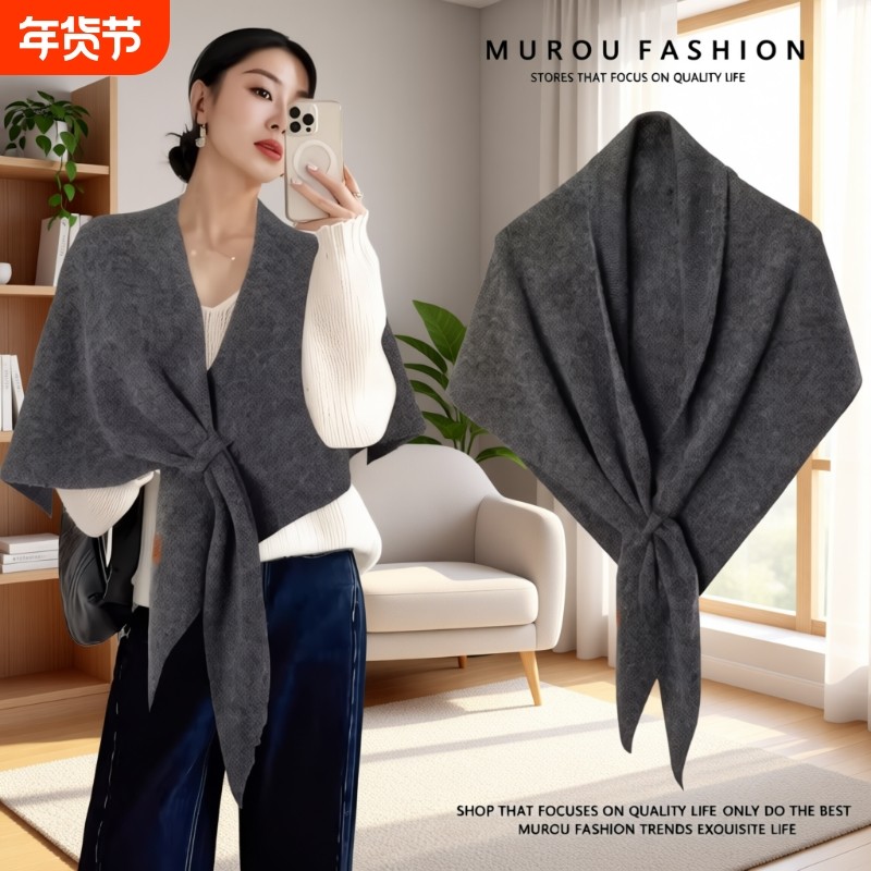 三角围巾女秋冬护颈保暖围脖大披肩外搭红色灰色黑色白色薄款酒红