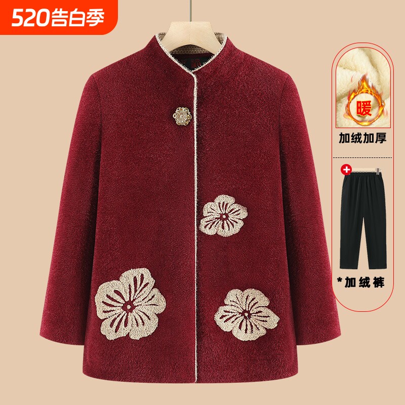 中老年人奶奶外套女妈妈冬装加绒加厚水貂绒上衣老人毛呢衣服红色
