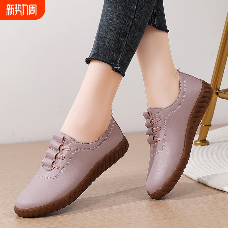 他她女孩真皮女鞋春夏季一脚蹬懒人防滑平底妈妈鞋软底皮鞋牛筋底
