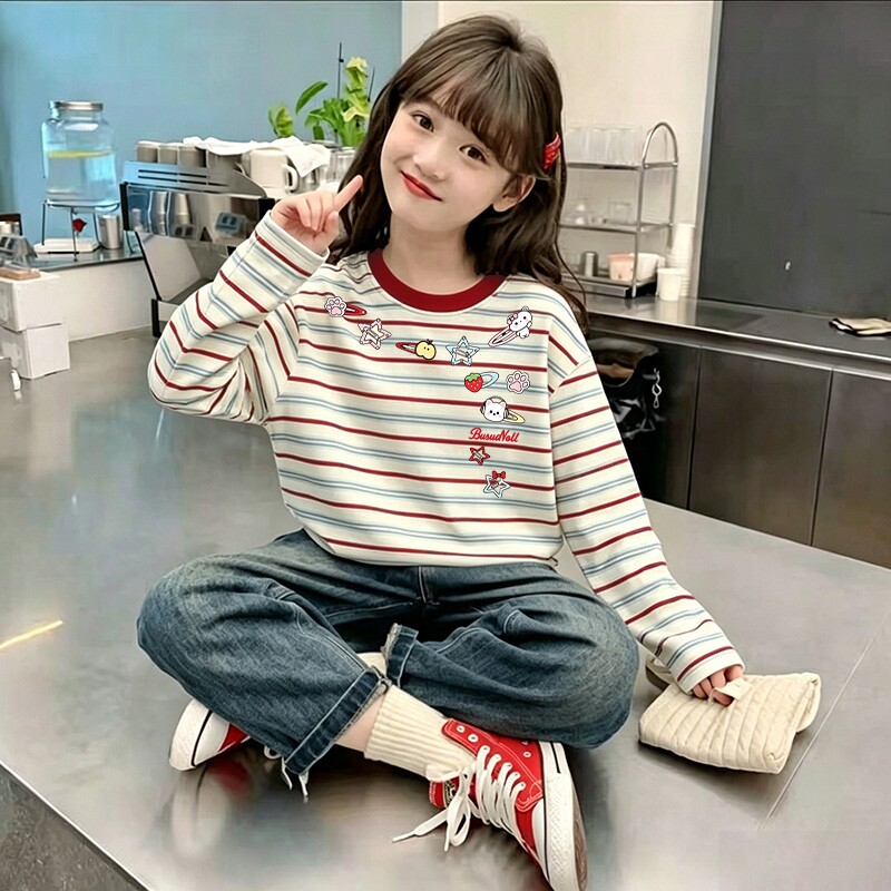 女童条纹T恤2026春秋装新款儿童洋气中大童休闲上衣女孩时尚打底图片