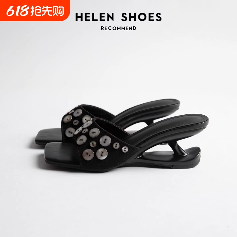 真皮~派对亮片凉鞋女夏方头一字带露趾增高厚底鞋小众设计凉拖鞋
