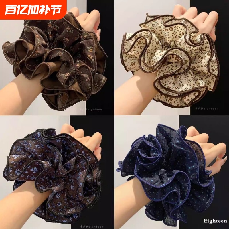 发圈女大肠碎花扎头发大号复古发饰头绳黑色波点布艺雪纺蓝色棕色