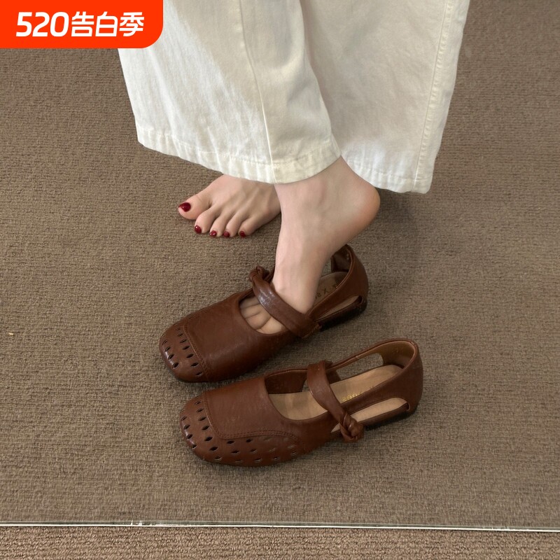 法式透气镂空单鞋女2026夏季真皮玛丽珍鞋黑色不累脚浅口尖头优雅
