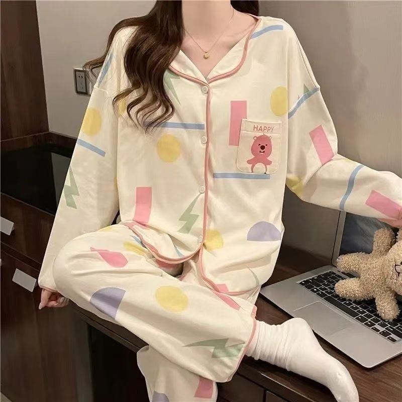 纯棉睡衣女春秋季长袖新款开衫学生宿舍带胸垫外穿家居服套装