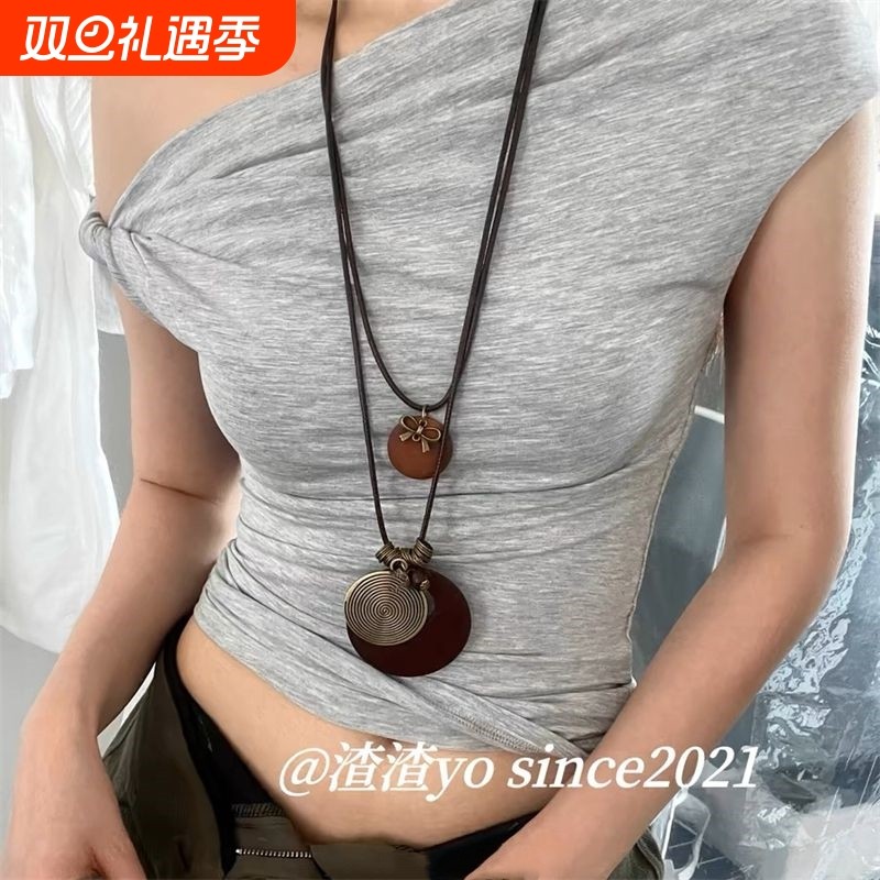 复古做旧蝴蝶结金属项链民族风波西米亚简约百搭长款圆环吊坠2024