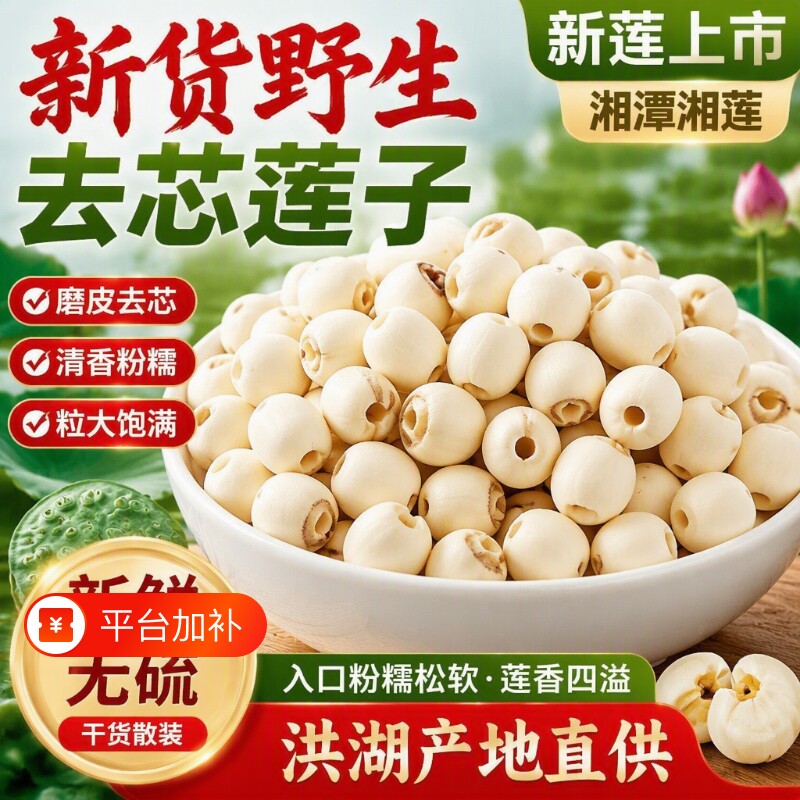 新货野生去芯莲子干货500g湘潭粉糯天然新鲜商用磨皮莲蓬大粒散装