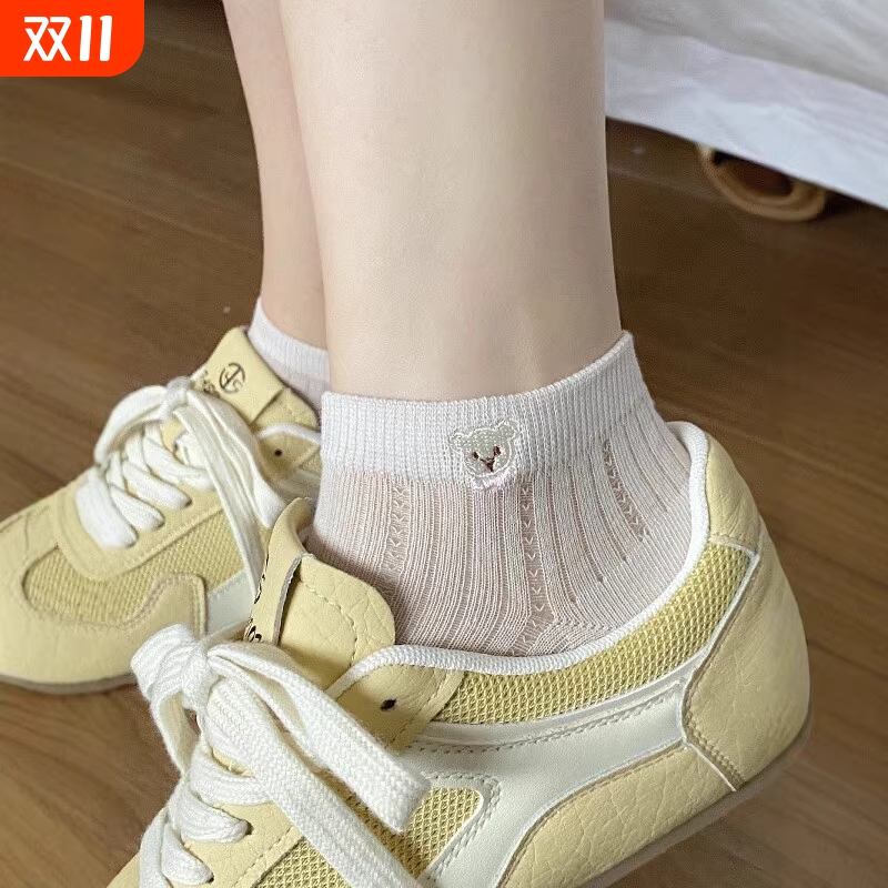 小熊袜子女夏季薄款短袜纯棉网眼透气防滑不掉跟刺绣可爱船袜镂空