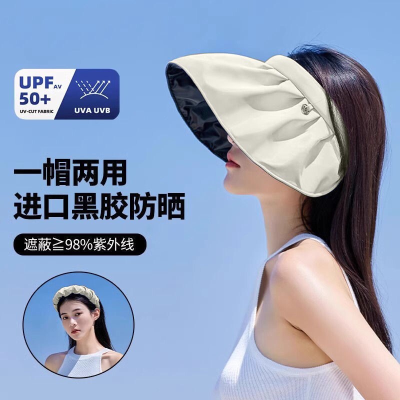 焦下女士轻薄黑胶贝壳防晒帽防紫外线遮阳帽子大帽檐空顶太阳帽UL