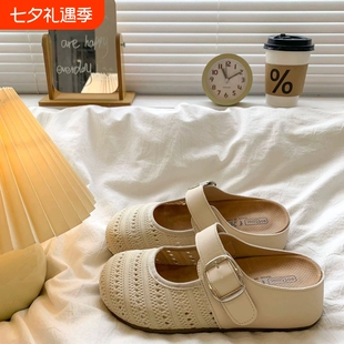 意尔康厚底内增高包头半拖鞋女夏凉鞋一脚蹬勃肯凉拖白色防水镂空
